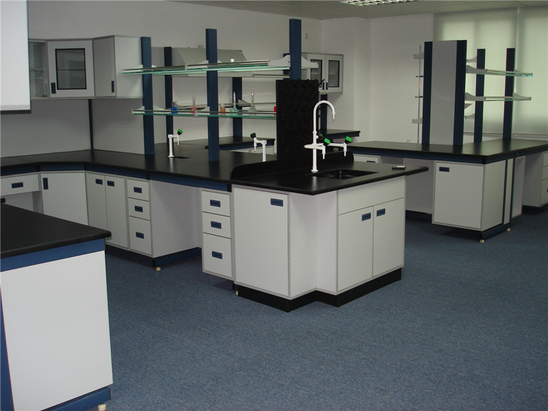 Steel and wood structure central table with reagent rack